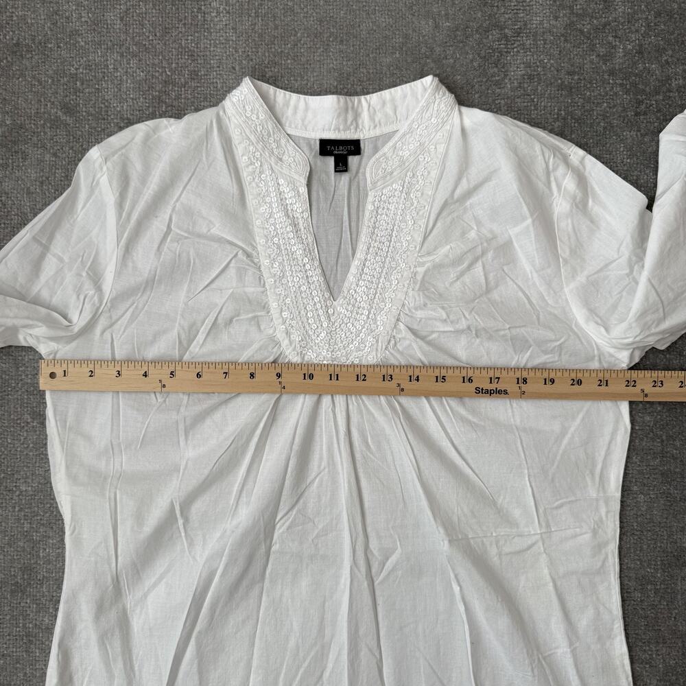 Talbots Blouse Womens Large White Sequin V Neck 3/4 Sleeve Tunic Top Cotton - Picture 6 of 9